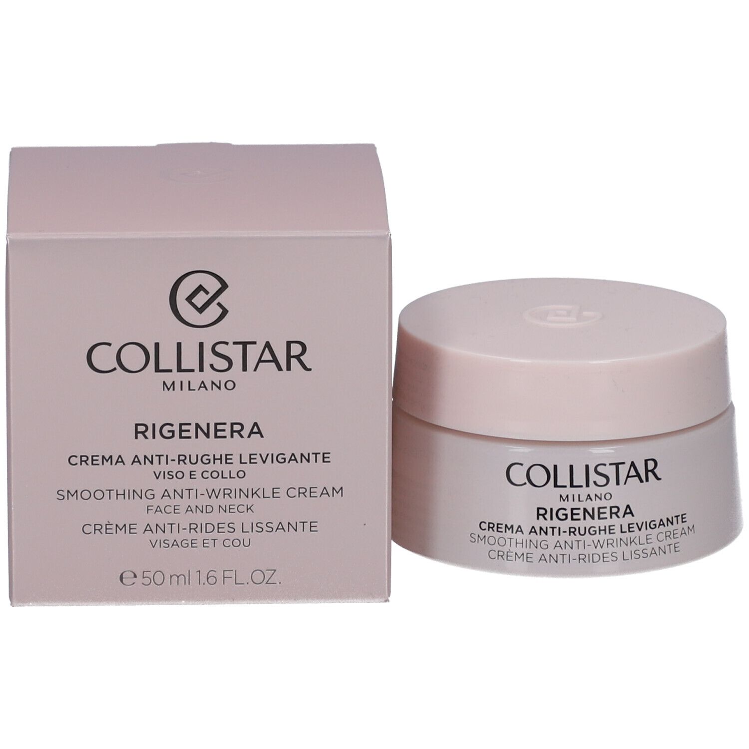 Pot de crème et emballage. Inscription : Collistar Milano, Rigenera, crème anti-rides. Teinte rose-beige.