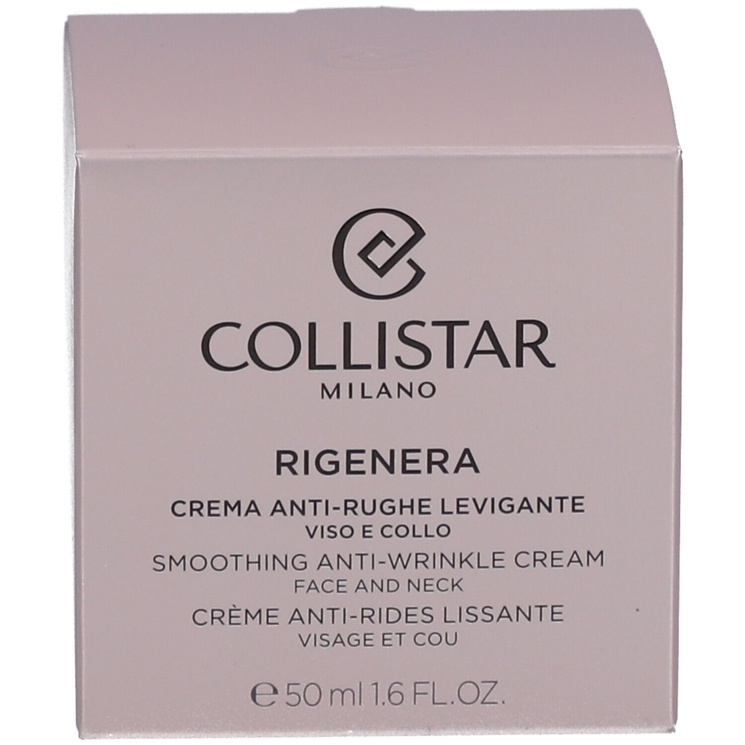 Emballage. Inscription : Collistar Milano, Rigenera, crème anti-rides. Teinte rose-beige.