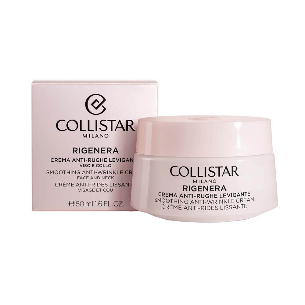 Pot de crème et emballage. Inscription : Collistar Milano, Rigenera, crème anti-rides. Teinte rose-beige.