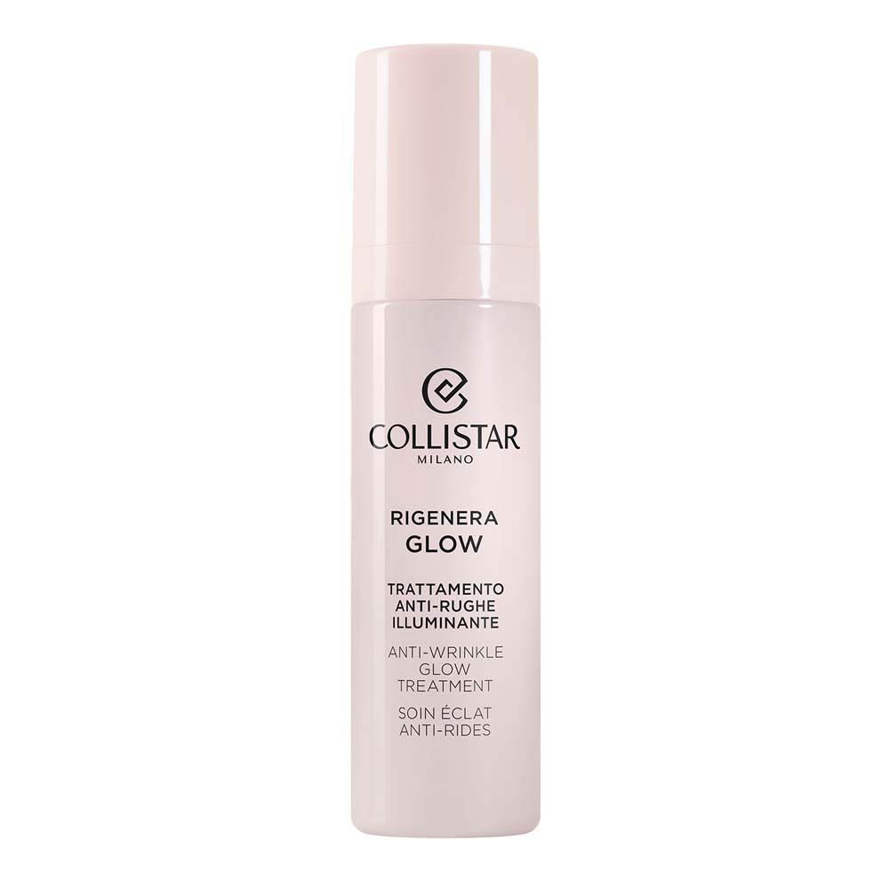 Flacon beige avec bouchon. Inscription : Collistar Milano, Rigenera Glow, Anti-Wrinkle Glow Treatment.