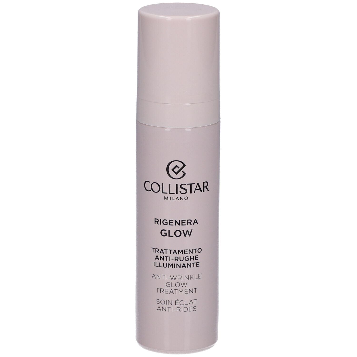 Flacon beige avec bouchon. Inscription : Collistar Milano, Rigenera Glow, Anti-Wrinkle Glow Treatment.