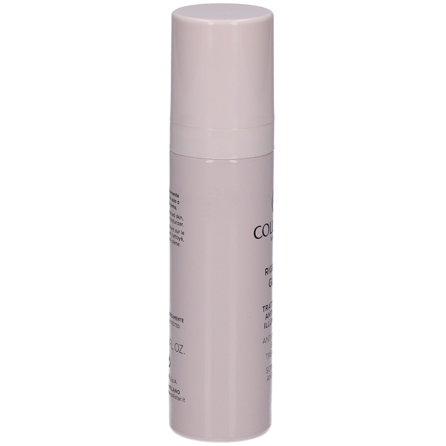 Flacon beige avec bouchon. Inscription : Collistar Milano, Rigenera Glow, Anti-Wrinkle Glow Treatment.