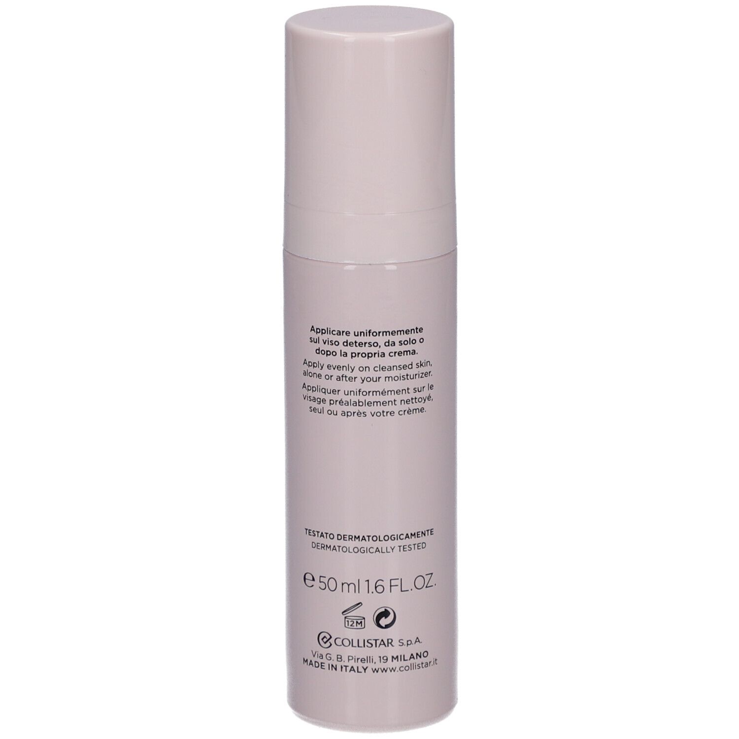 Flacon beige avec bouchon. Inscription : Collistar Milano, Rigenera Glow, Anti-Wrinkle Glow Treatment.
