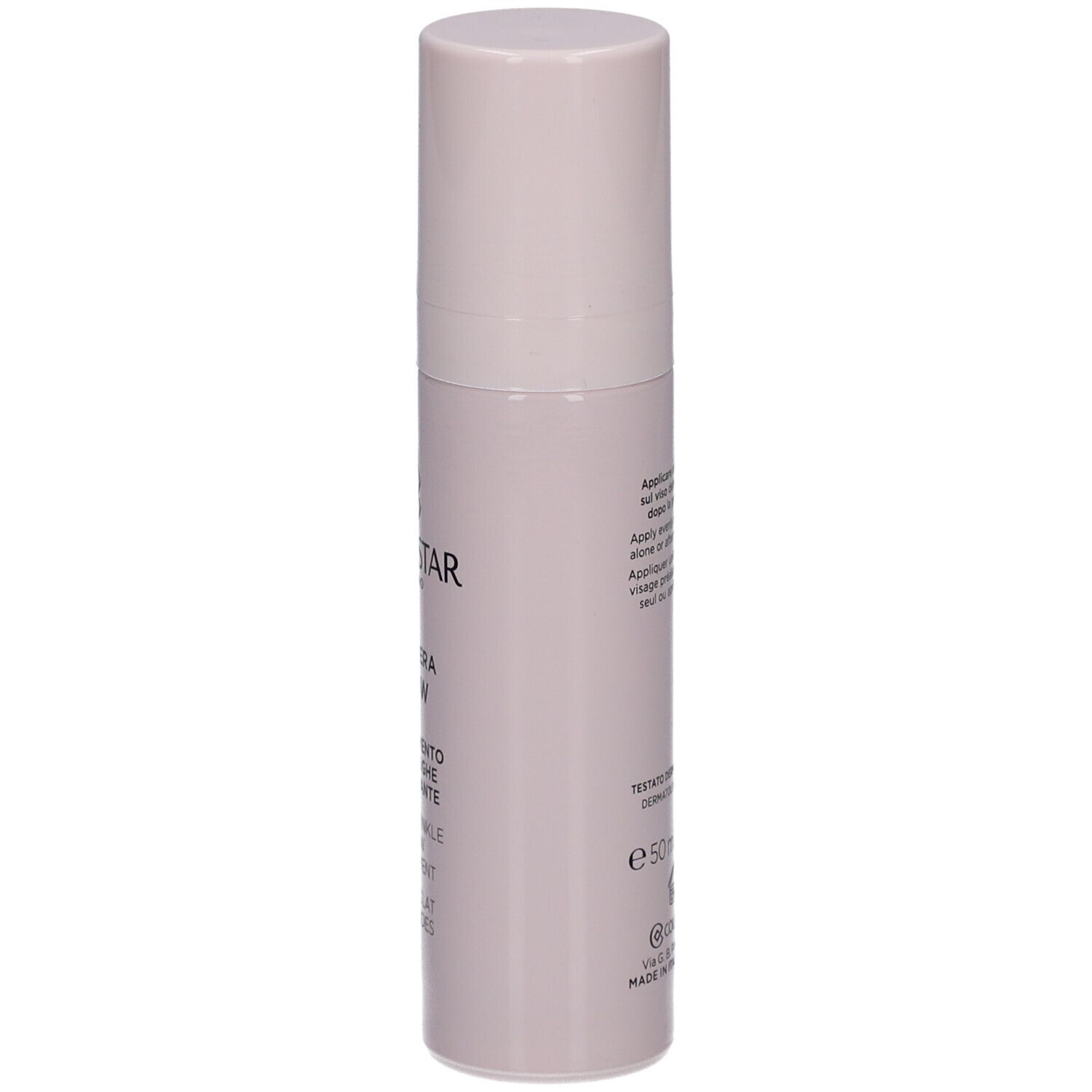 Flacon beige avec bouchon. Inscription : Collistar Milano, Rigenera Glow, Anti-Wrinkle Glow Treatment.