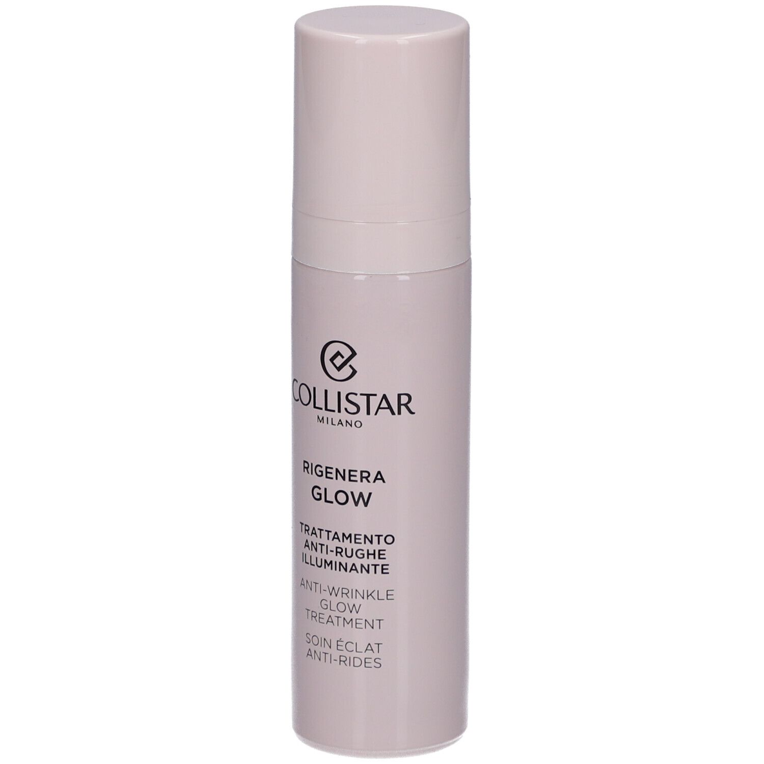 Flacon beige avec bouchon. Inscription : Collistar Milano, Rigenera Glow, Anti-Wrinkle Glow Treatment.