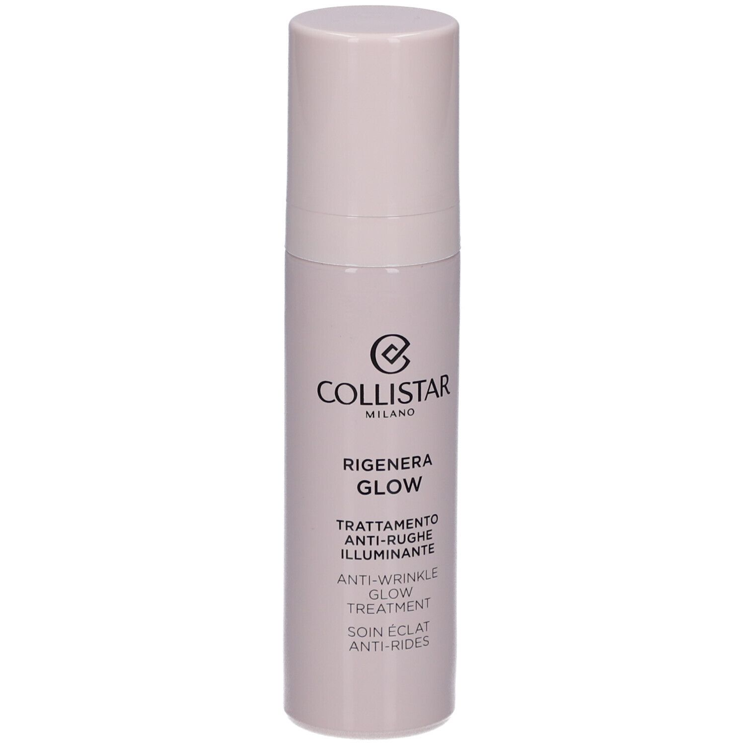 Flacon beige avec bouchon. Inscription : Collistar Milano, Rigenera Glow, Anti-Wrinkle Glow Treatment.