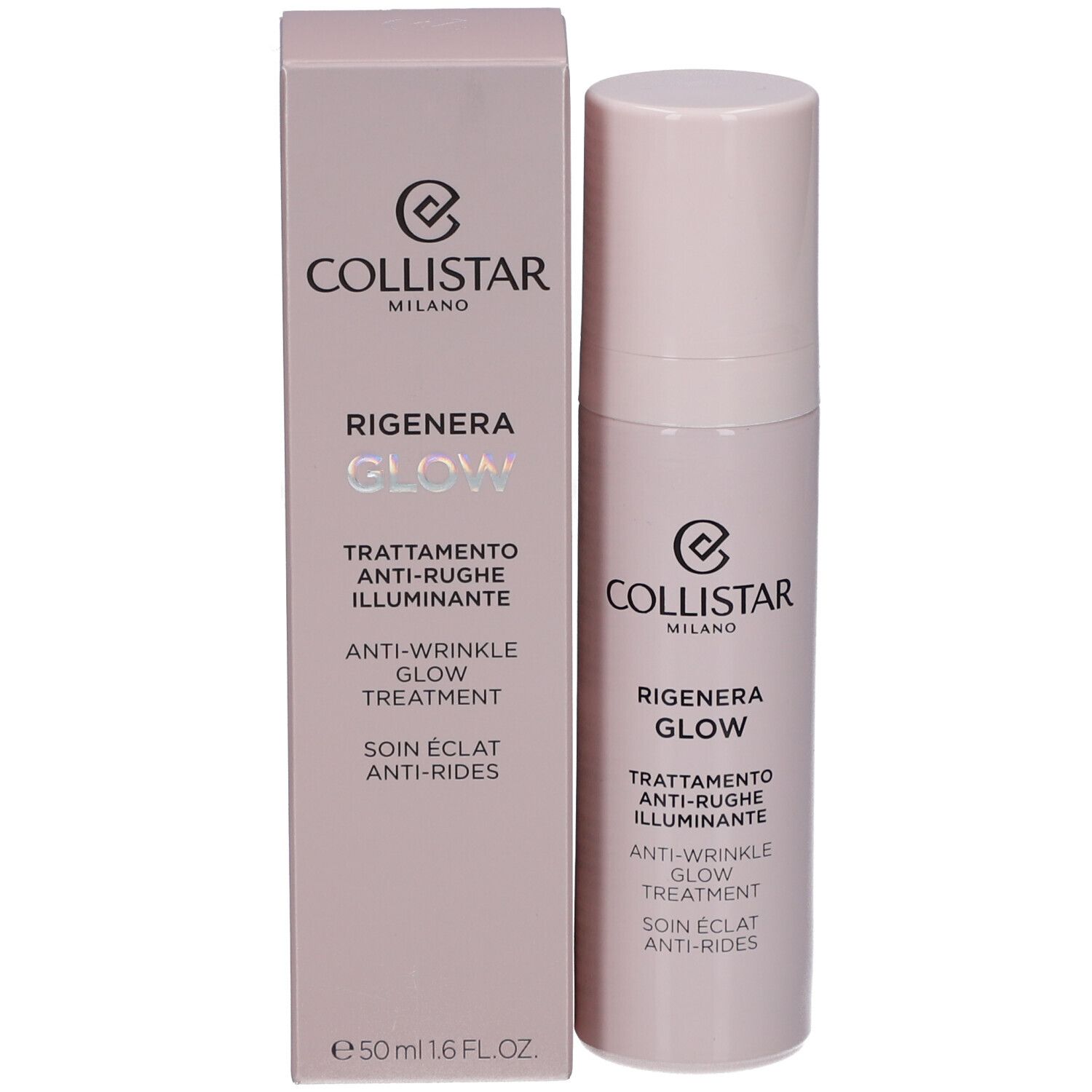 Emballage et flacon. Inscription : Collistar Milano, Rigenera Glow, Anti-Wrinkle Glow Treatment.