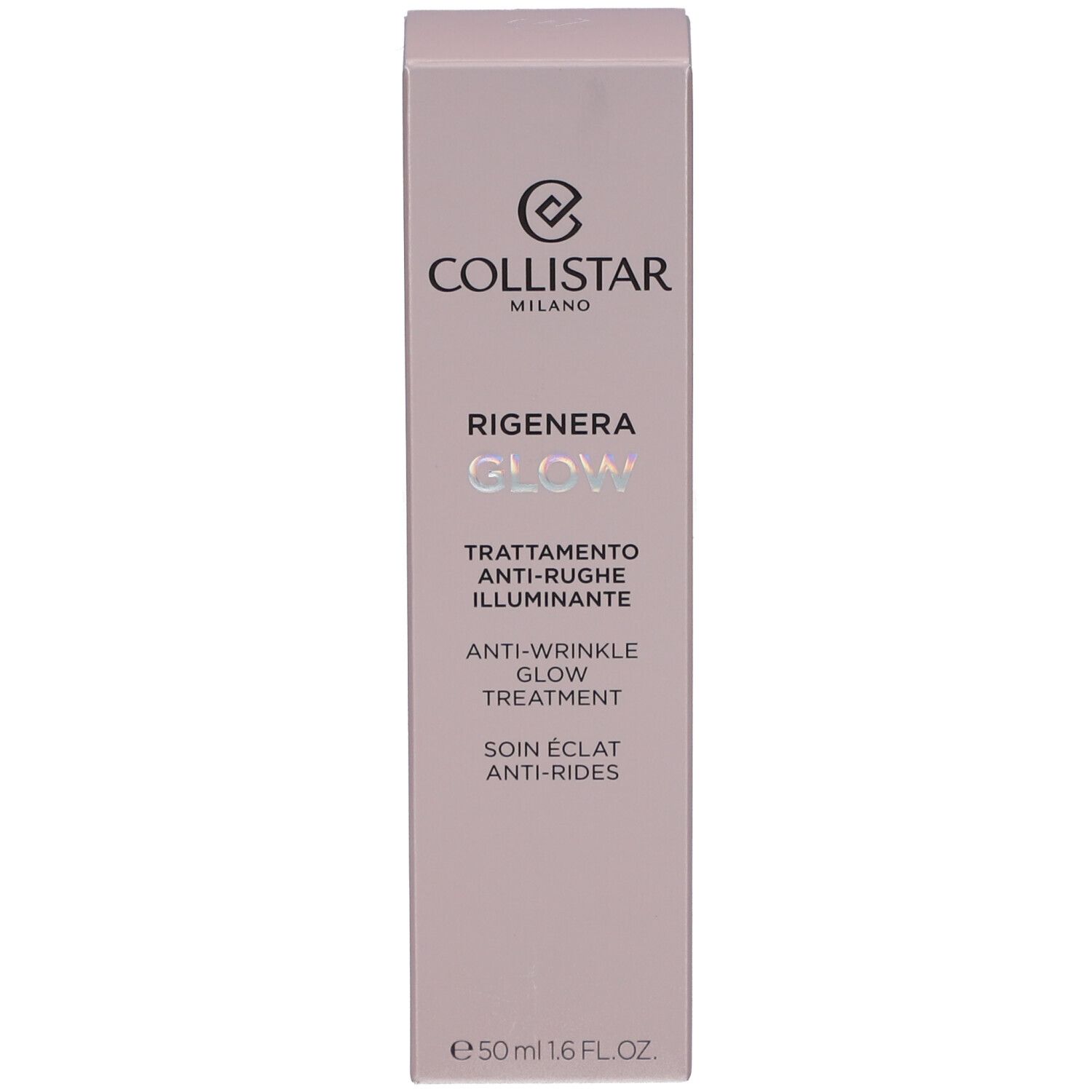 Emballage. Inscription : Collistar Milano, Rigenera Glow, Anti-Wrinkle Glow Treatment.