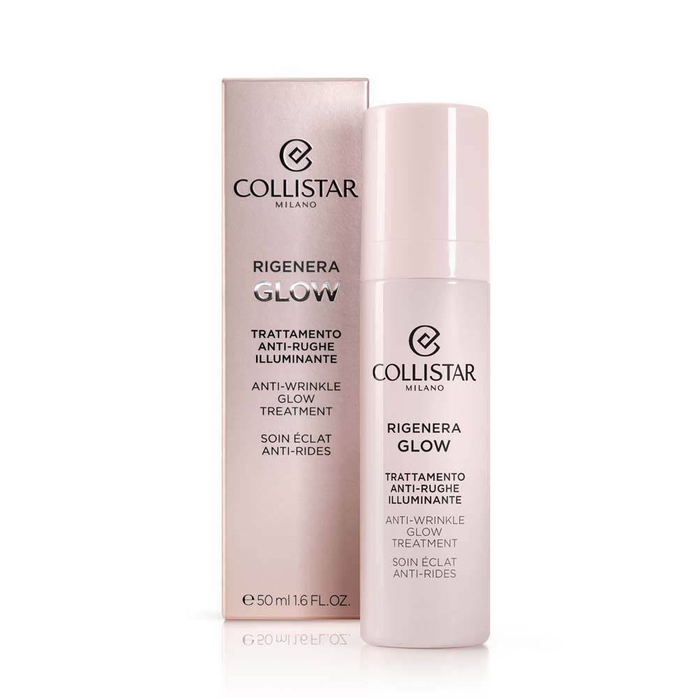 Emballage et flacon. Inscription : Collistar Milano, Rigenera Glow, Anti-Wrinkle Glow Treatment.