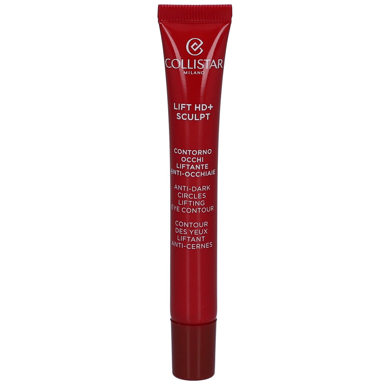 Rote Tube mit Produkttexten. Collistar Milano, Lift HD+ Sculpt, Contorno Occhi, Anti-Occhiaie, Anti-Dark Circles, Lifting Eye Contour.