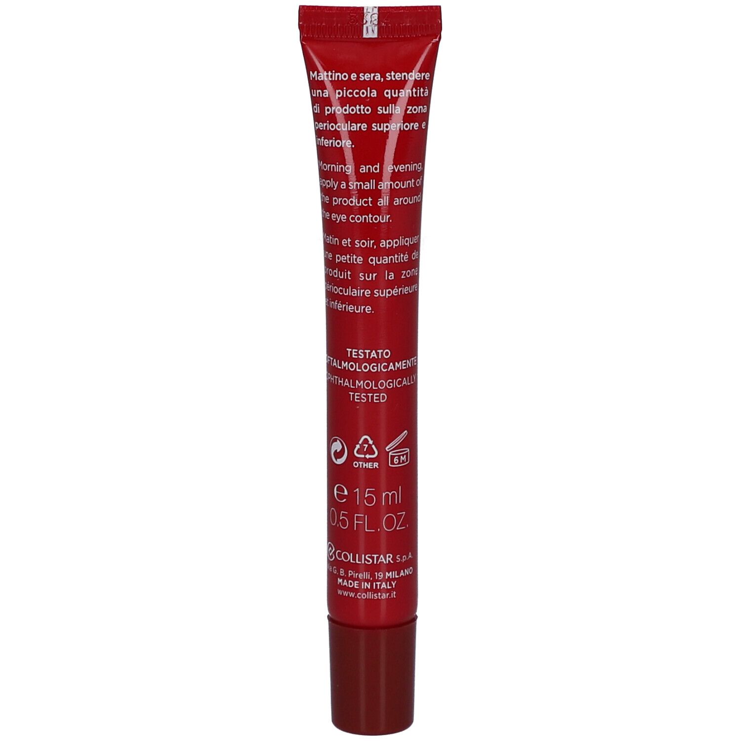 Rückseite der roten Tube. Text in mehreren Sprachen. 15 ml, 0.5 FL.OZ. Collistar Milano. Getestet. Made in Italy.