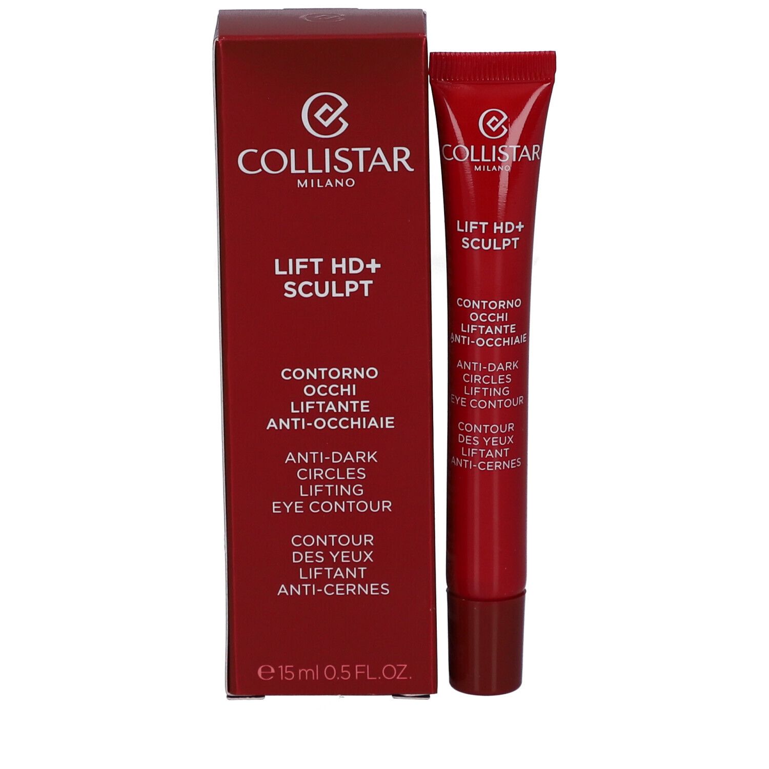 Produktverpackung mit Tube. Rote Schachtel und Tube. Collistar Milano, Lift HD+ Sculpt, Contorno Occhi, Anti-Occhiaie, Anti-Dark Circles.
