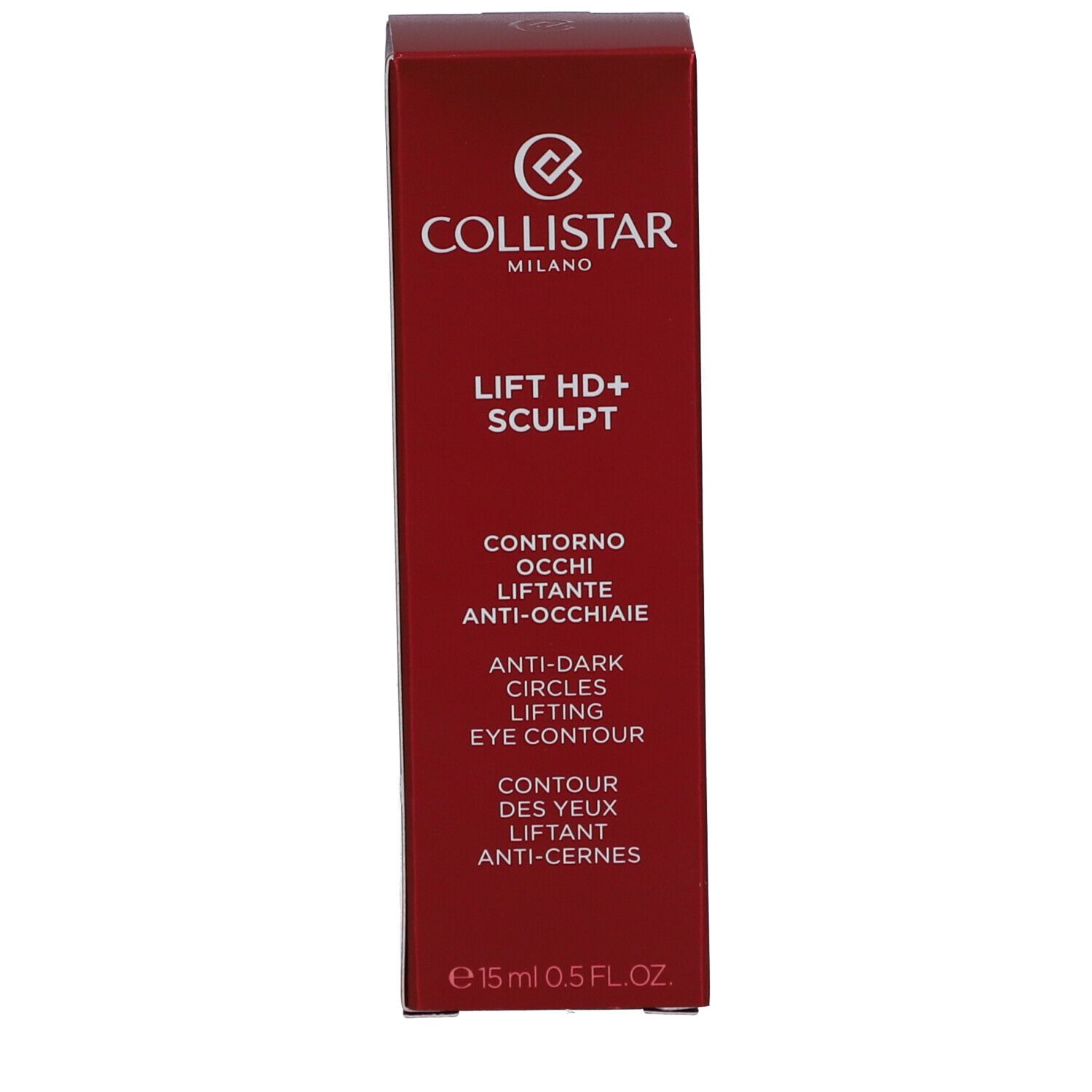 Rote Schachtel. Collistar Milano, Lift HD+ Sculpt, Contorno Occhi, Anti-Occhiaie, Anti-Dark Circles, Lifting Eye Contour. 15 ml, 0.5 FL.OZ.