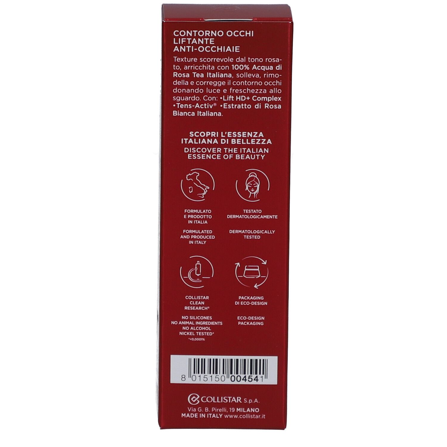 Rückseite der Schachtel. Text in mehreren Sprachen. Inhaltsstoffe, Anwendung. Getestet. Eco-Design Verpackung.