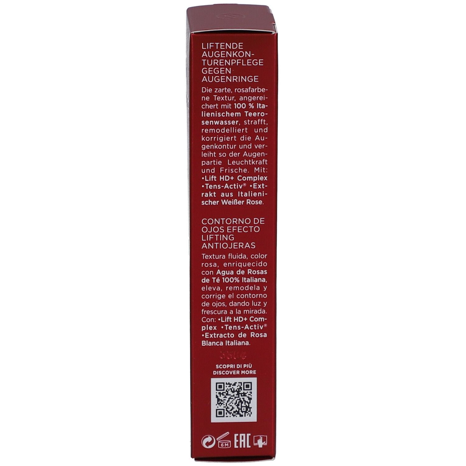 Rückseite der Schachtel. Text in mehreren Sprachen. Inhaltsstoffe, Anwendung. Getestet. Eco-Design Verpackung.