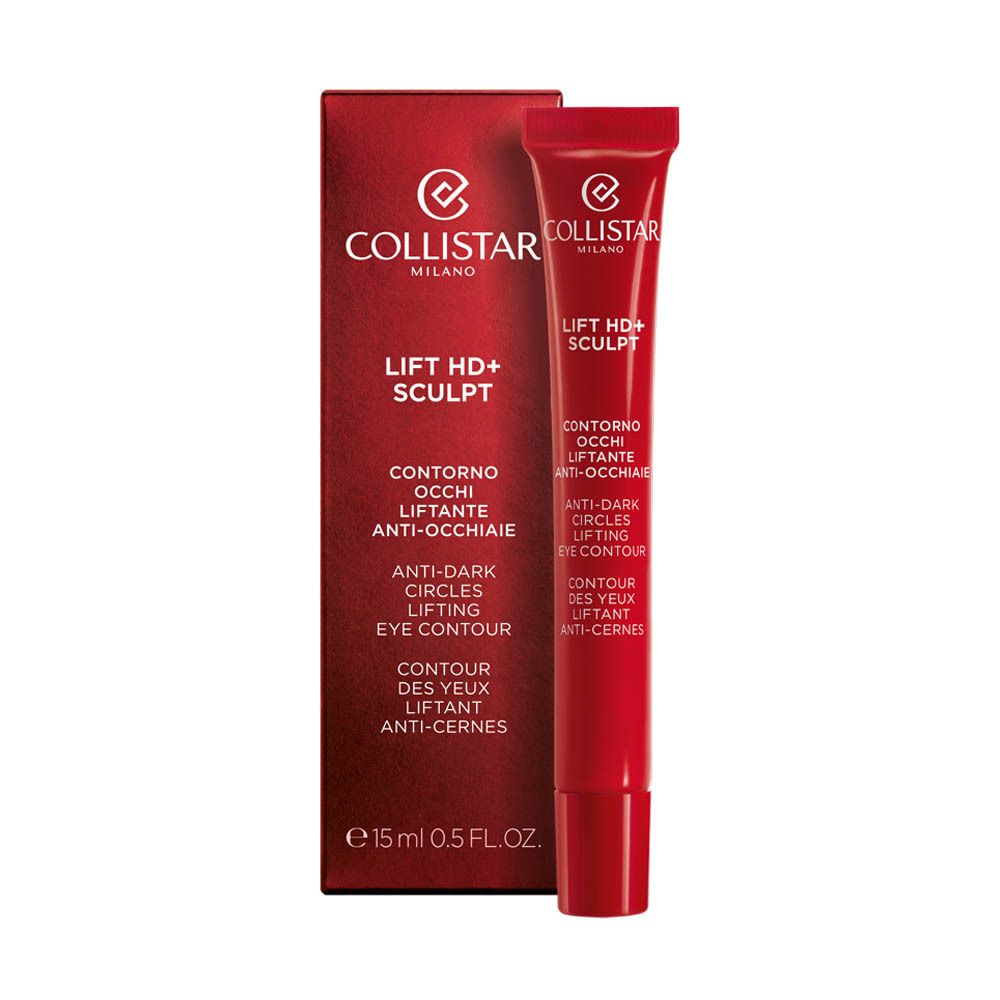Emballage produit avec tube. Boîte et tube rouges. Collistar Milano, Lift HD+ Sculpt, Contorno Occhi, Anti-Cernes, Anti-Dark Circles.