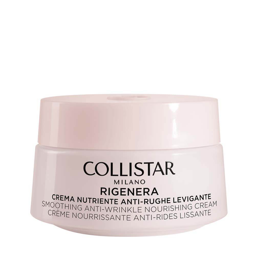 Pot de crème rose. Inscription : Collistar Milano, Rigenera, crème. Face avant avec texte.