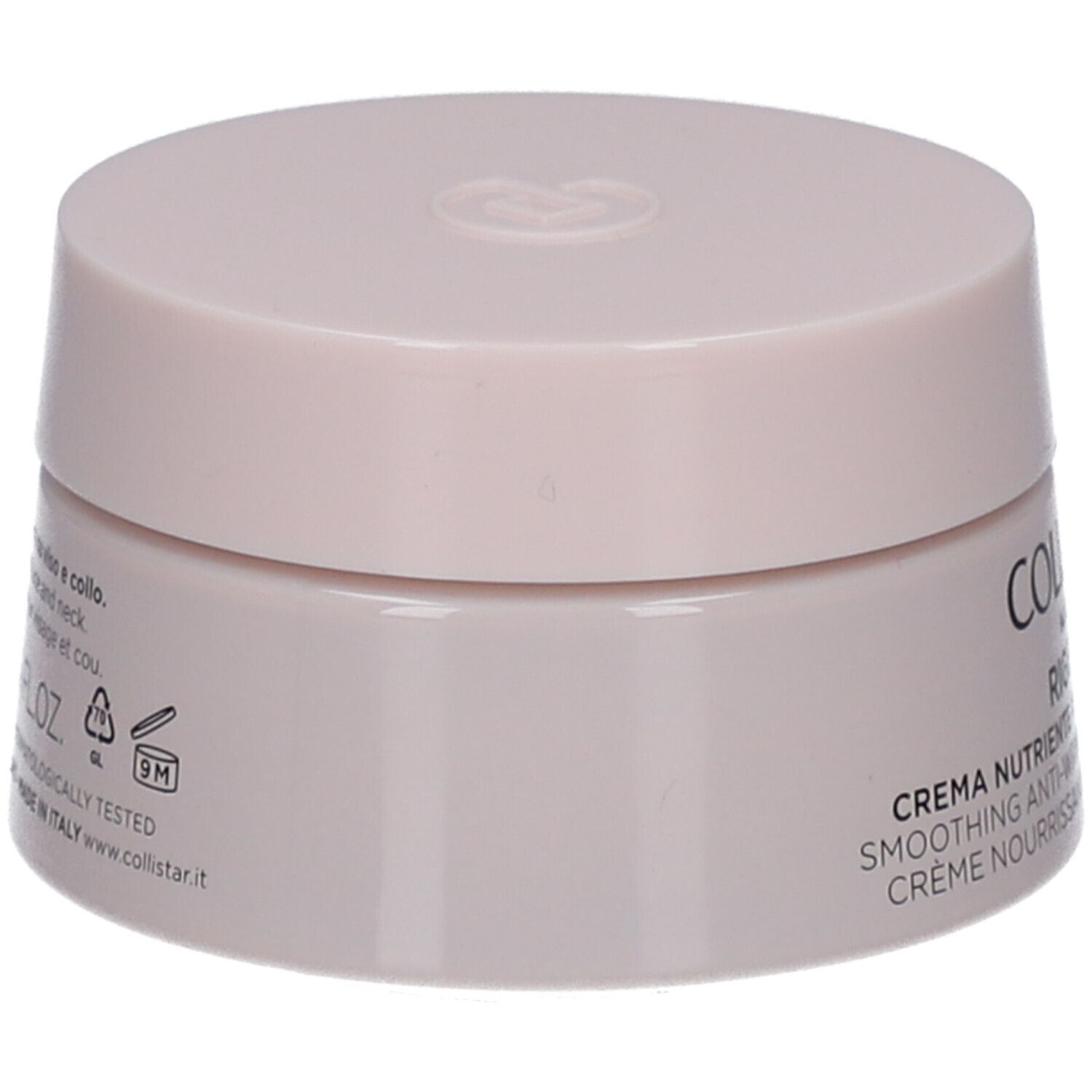 Pot de crème rose. Inscription : Collistar Milano, Rigenera, crème. Arrière avec texte et symboles.