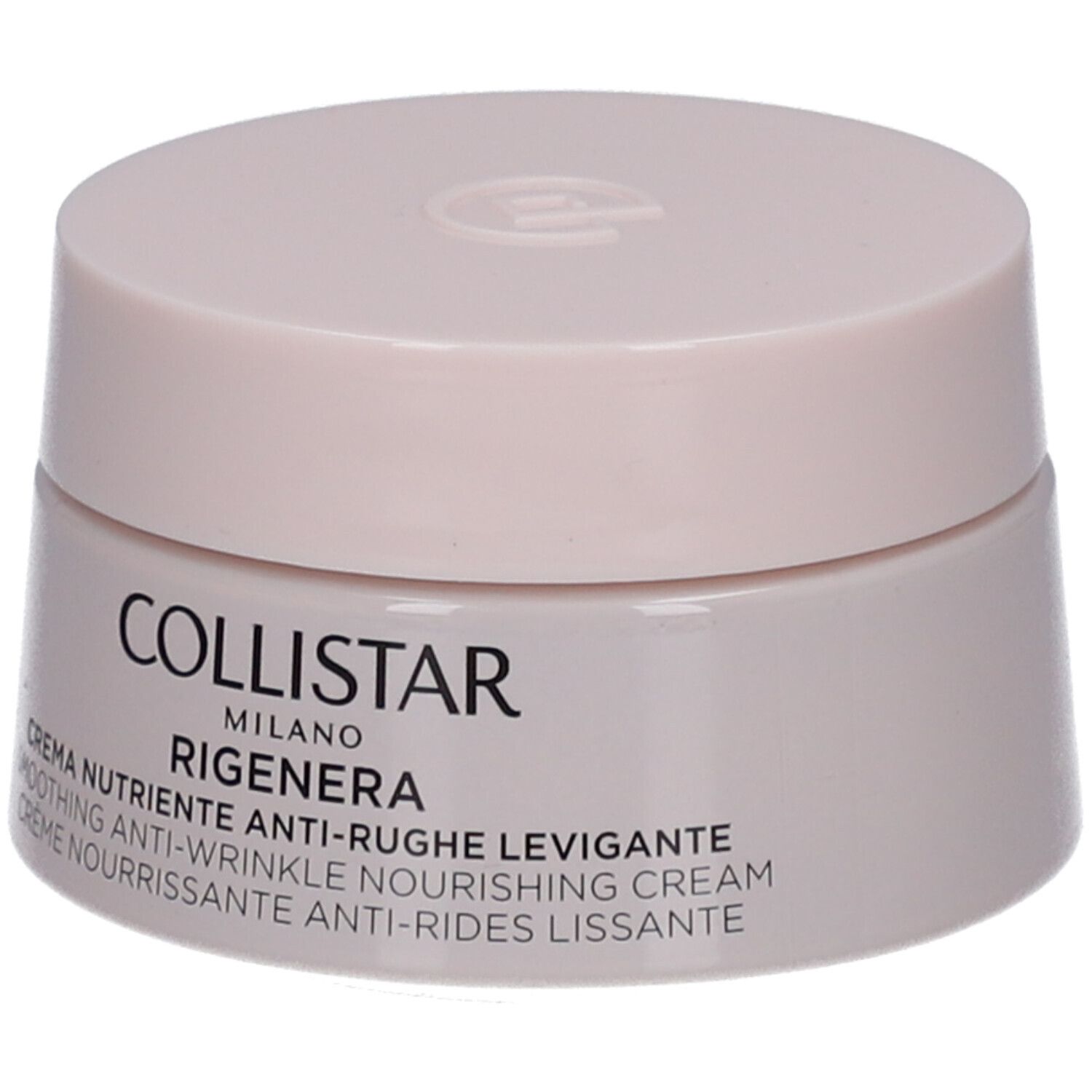Pot de crème rose. Inscription : Collistar Milano, Rigenera, crème. Face avant avec texte.