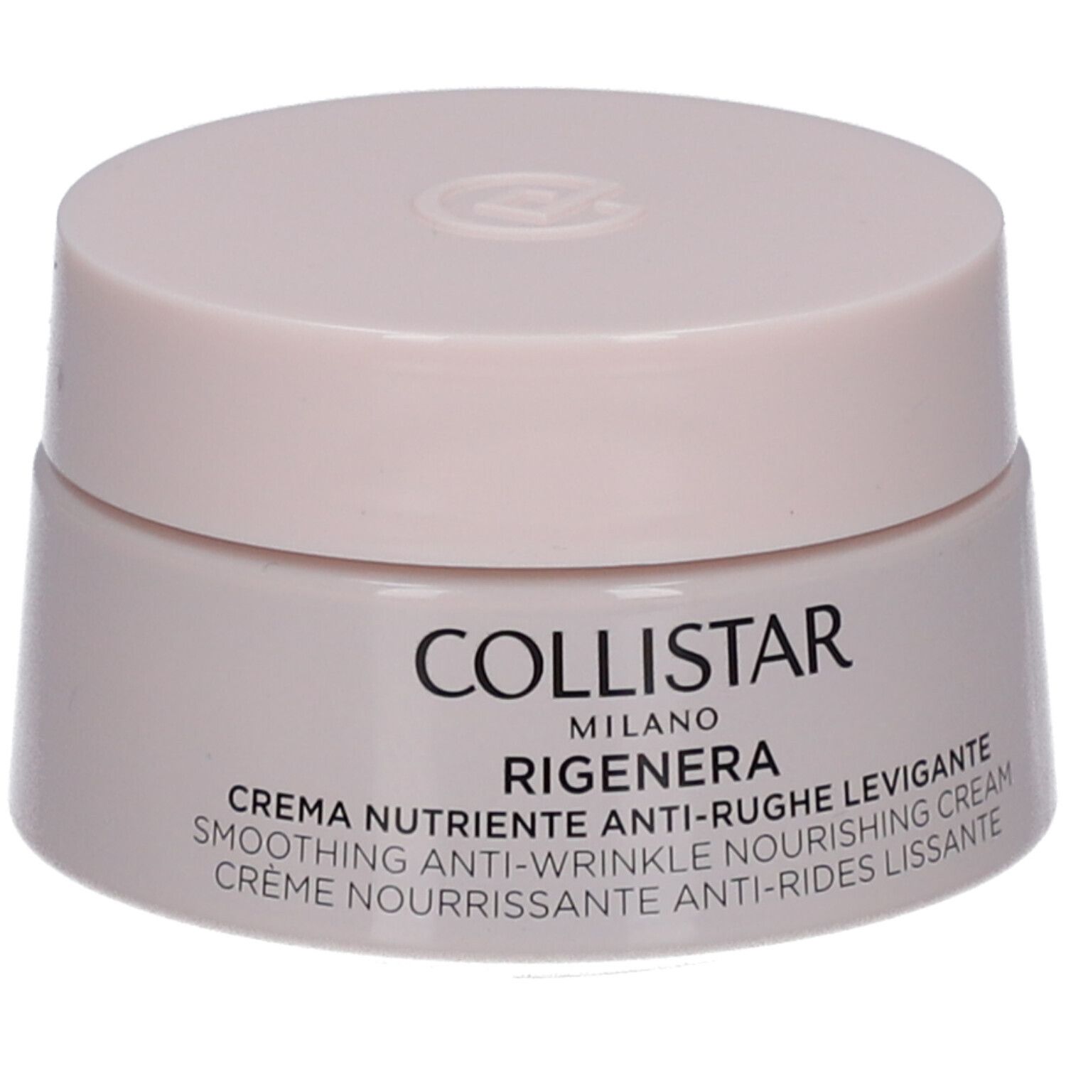 Pot de crème rose. Inscription : Collistar Milano, Rigenera, crème. Face avant avec texte.