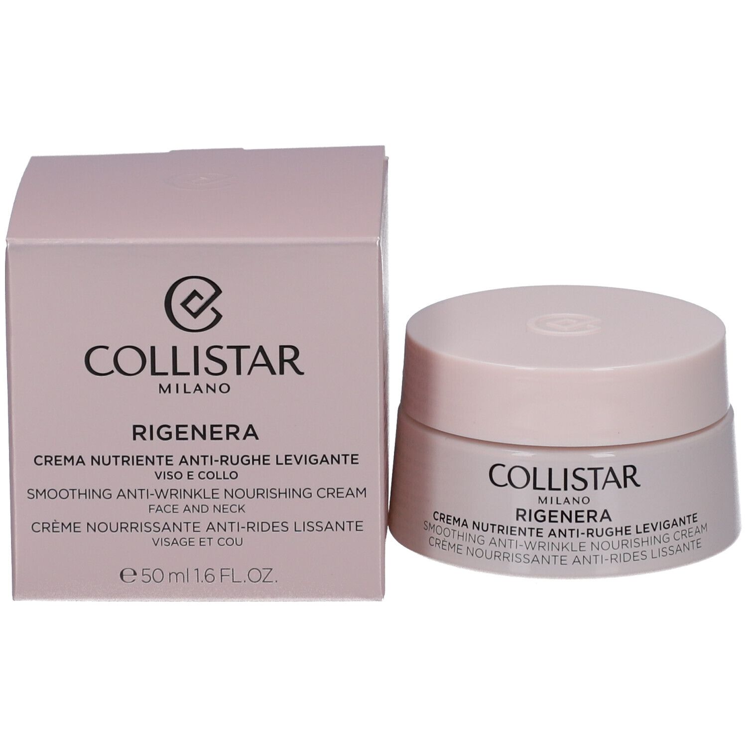 Pot de crème et boîte. Inscription : Collistar Milano, Rigenera, crème. Emballage rose.