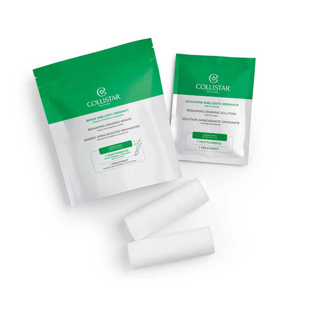 Deux sachets verts et deux bandages blancs. Marque Collistar Milano. Contient Bandes Amincissantes Drainantes.