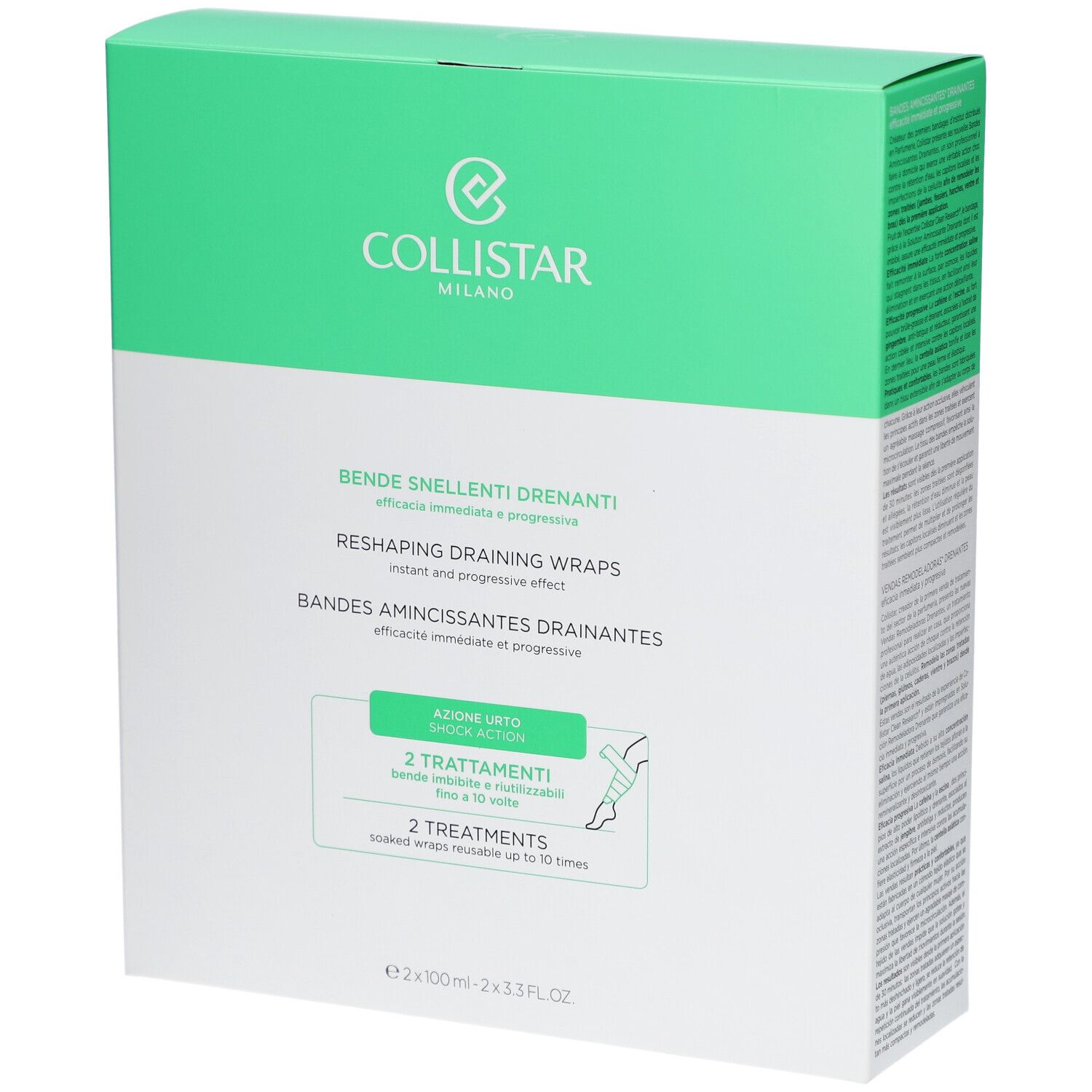Grüne und weiße Verpackung mit Produktinformationen. Marke Collistar Milano. Enthält Bandes Amincissantes Drainantes.