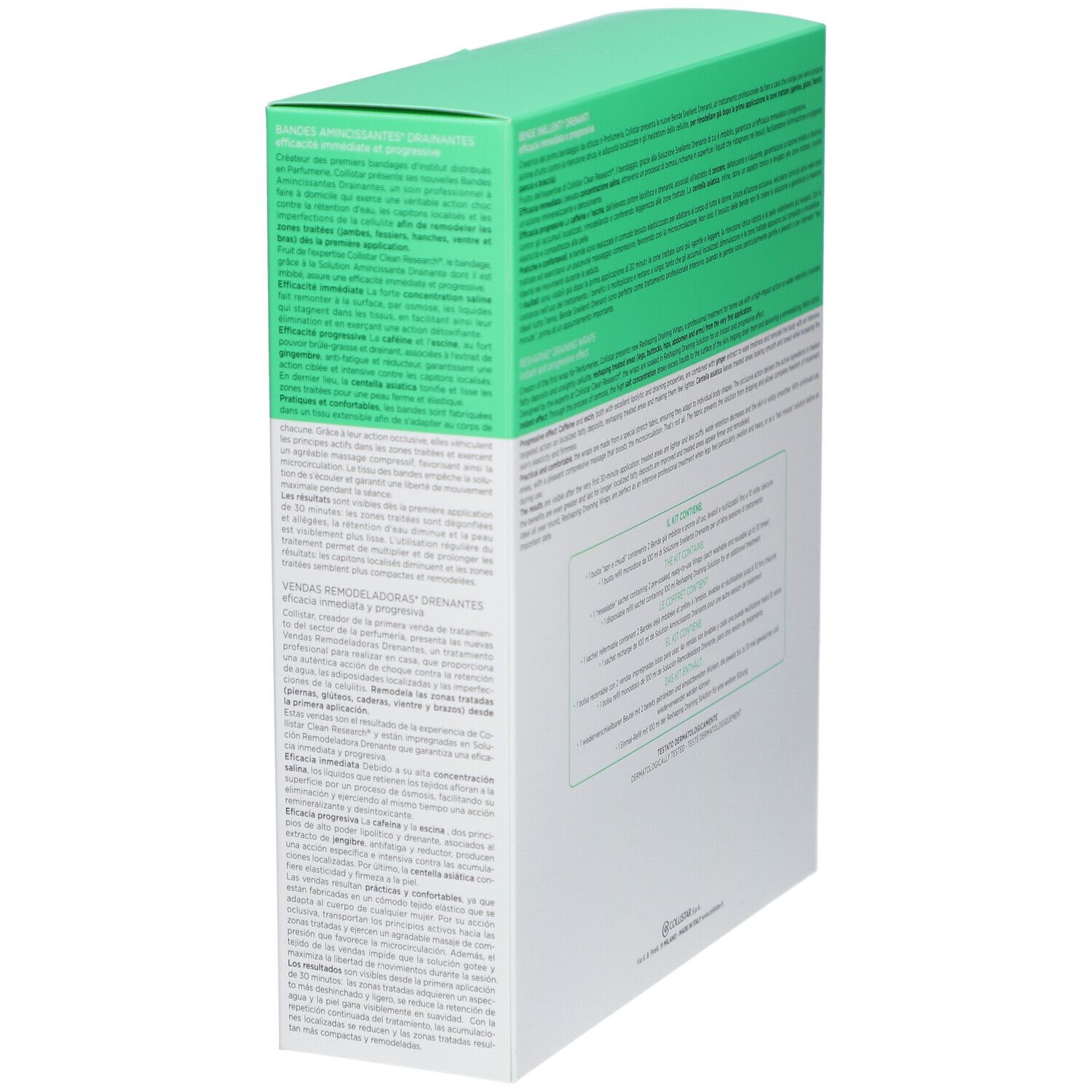Schräg stehende grüne und weiße Verpackung. Marke Collistar Milano. Enthält Bandes Amincissantes Drainantes. Text.