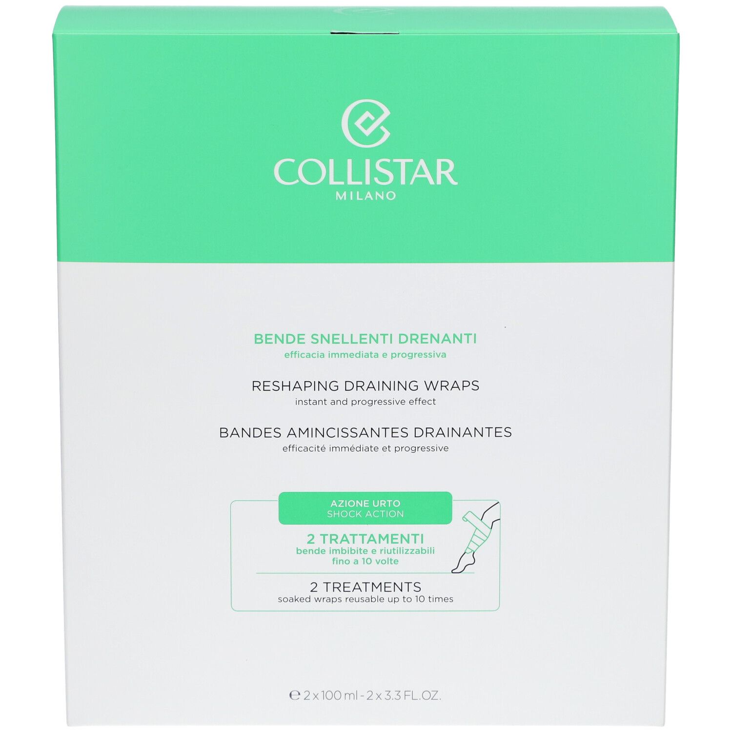 Grüne und weiße Verpackung mit Produktinformationen. Marke Collistar Milano. Enthält Bandes Amincissantes Drainantes.