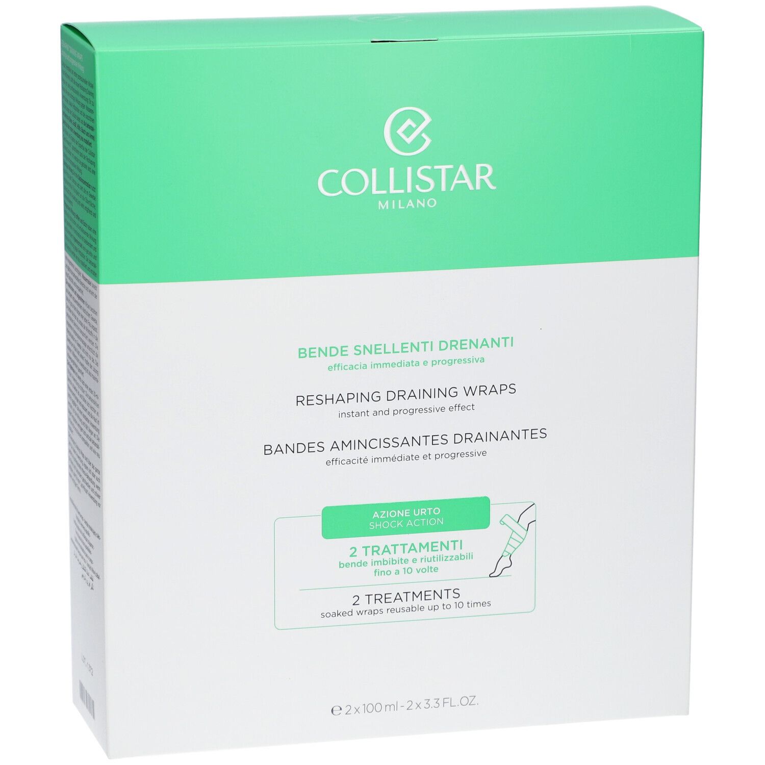 Grüne und weiße Verpackung mit Produktinformationen. Marke Collistar Milano. Enthält Bandes Amincissantes Drainantes.
