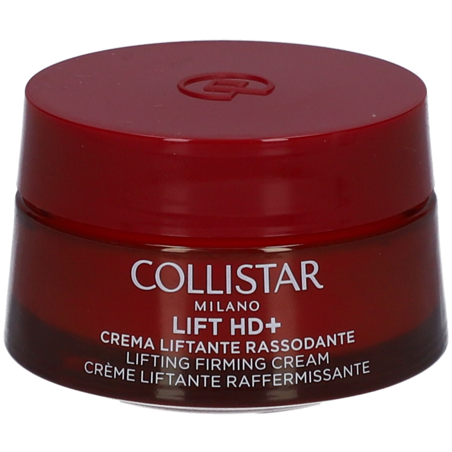 Roter Tiegel mit Deckel. Aufschrift: COLLISTAR MILANO LIFT HD+ CREMA LIFTANTE RASSODANTE. 