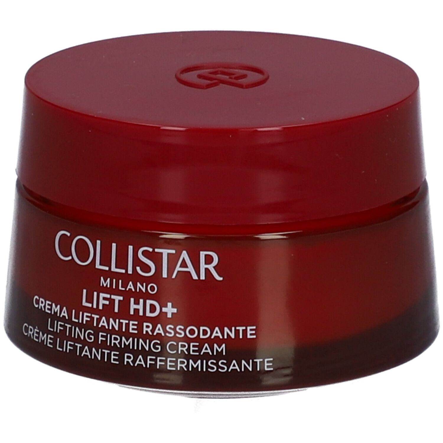 Roter Tiegel mit Deckel. Aufschrift: COLLISTAR MILANO LIFT HD+ CREMA LIFTANTE RASSODANTE.