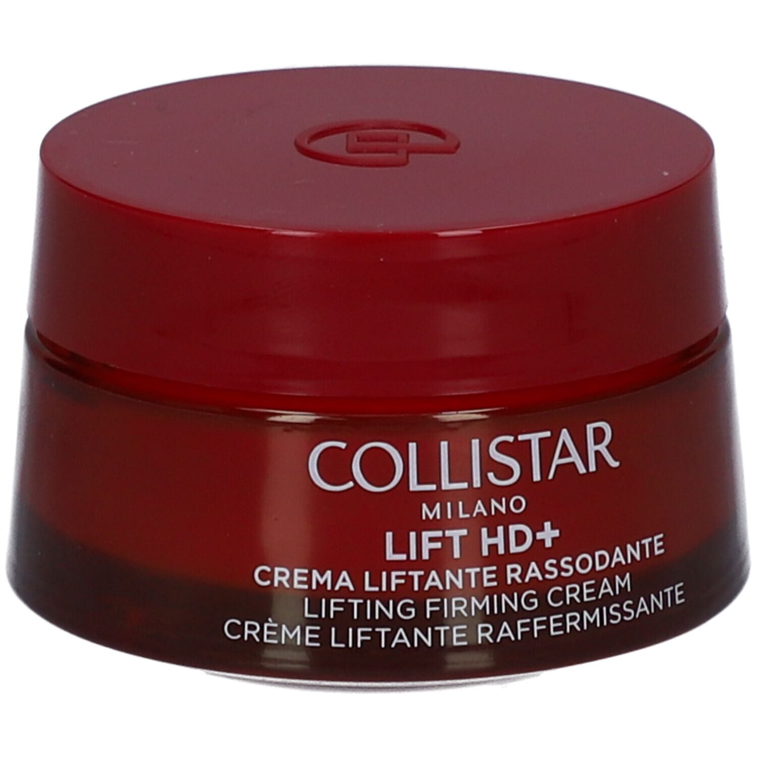 Roter Tiegel mit Deckel. Aufschrift: COLLISTAR MILANO LIFT HD+ CREMA LIFTANTE RASSODANTE.