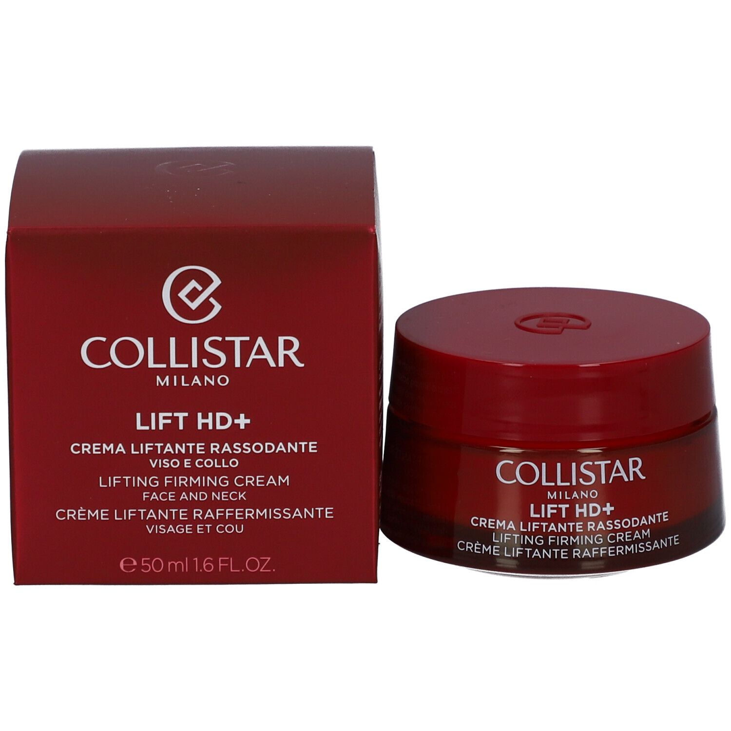 Roter Tiegel und Schachtel. Aufschrift: COLLISTAR MILANO LIFT HD+ CREMA LIFTANTE RASSODANTE. 50 ml.