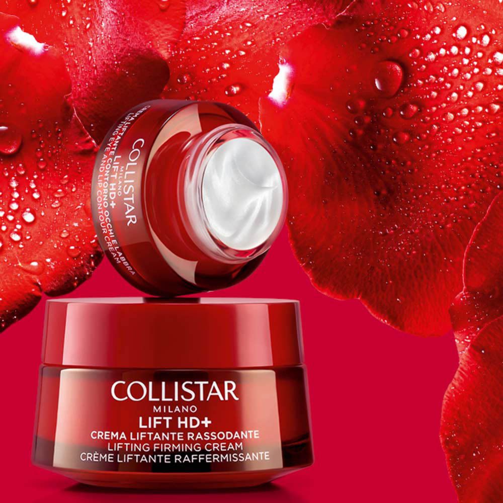 Deux pots rouges avec couvercle, entourés de pétales de roses rouges. Inscription : COLLISTAR MILANO LIFT HD+.