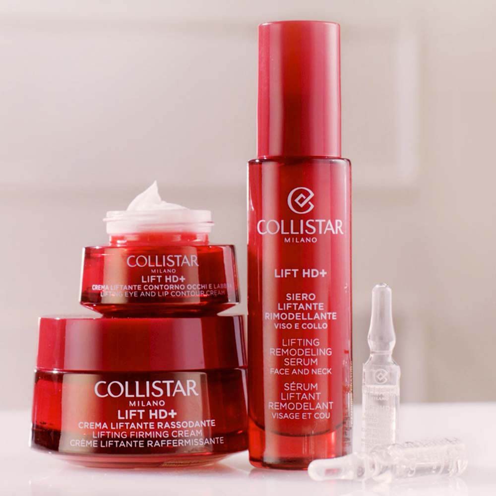 Différents produits : pot, sérum, ampoules. Inscription : COLLISTAR MILANO LIFT HD+.