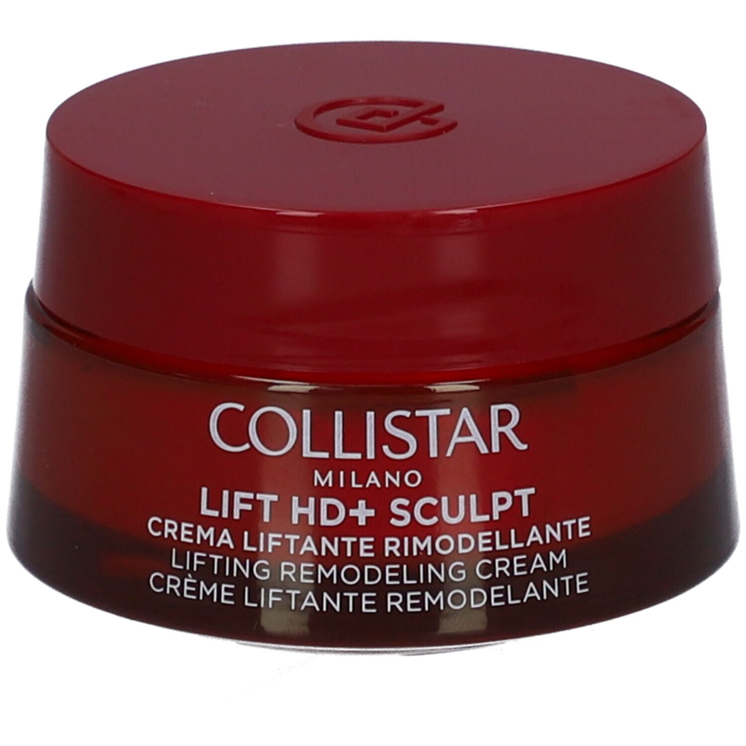 Roter Tiegel mit Deckel. Aufschrift: Collistar Milano, Lift HD+ Sculpt, Crème Liftant Remodelant.