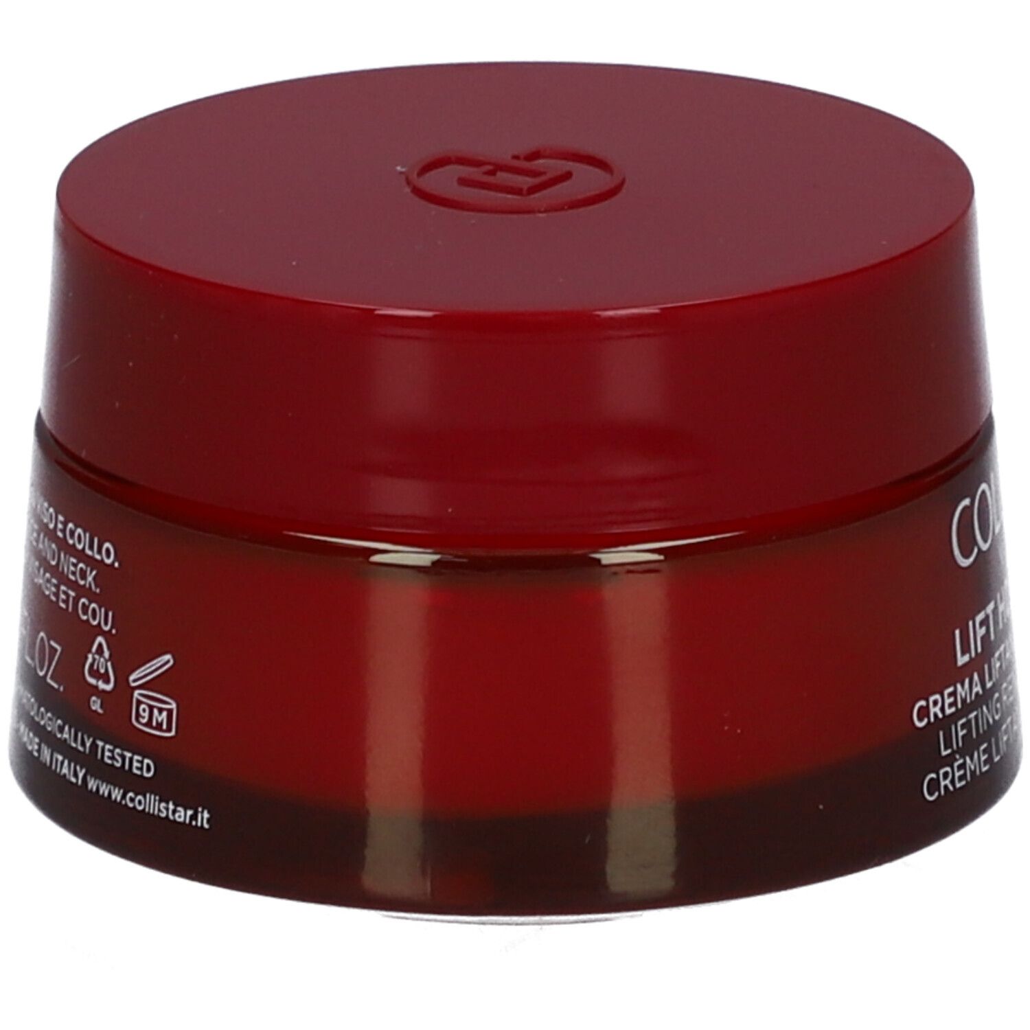 Roter Tiegel mit Deckel. Aufschrift: Collistar, Lift HD+ Sculpt, Crème Liftant Remodelant. Rückseite mit Text.