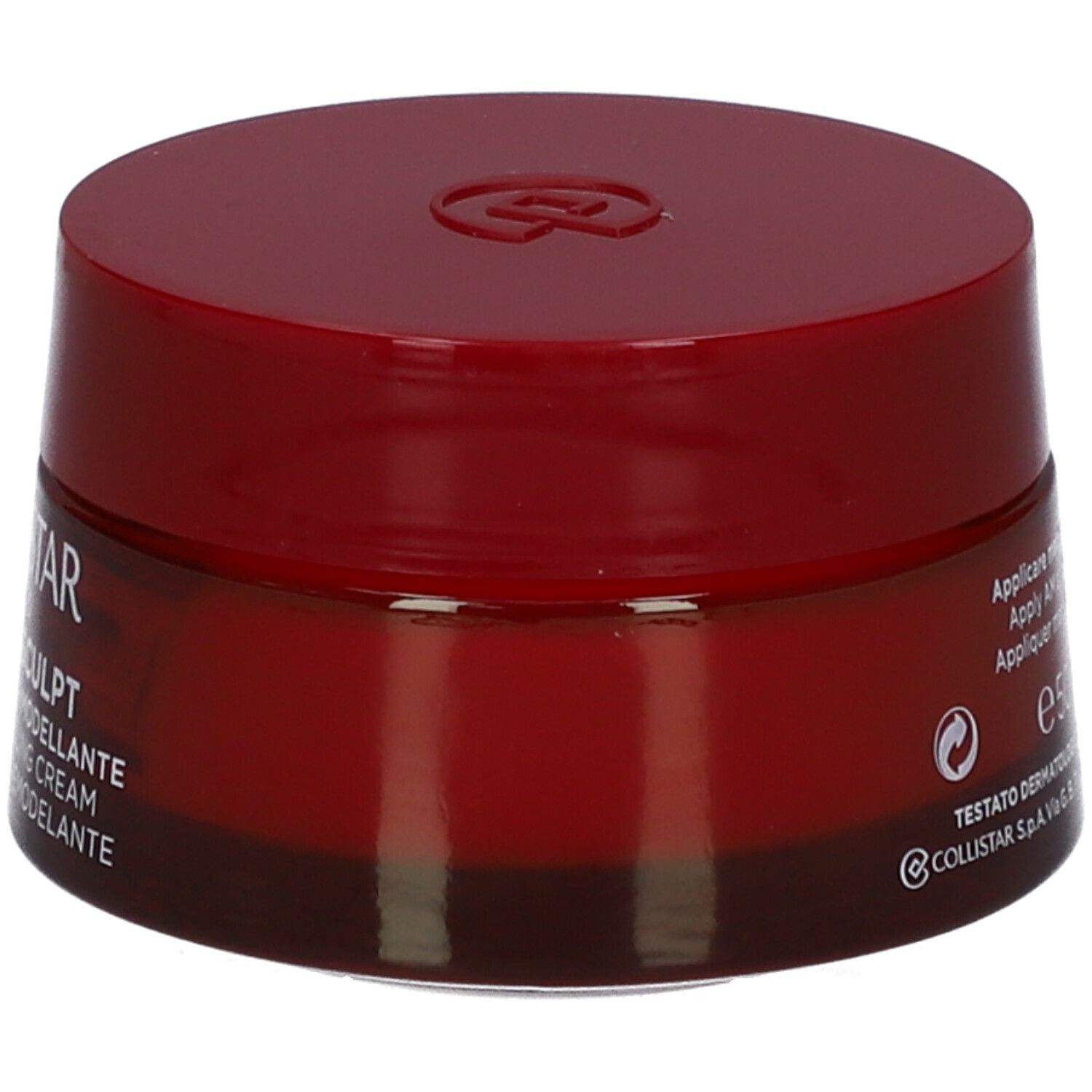 Roter Tiegel mit Deckel. Aufschrift: Collistar, Lift HD+ Sculpt, Crème Liftant Remodelant. Rückseite mit Text.