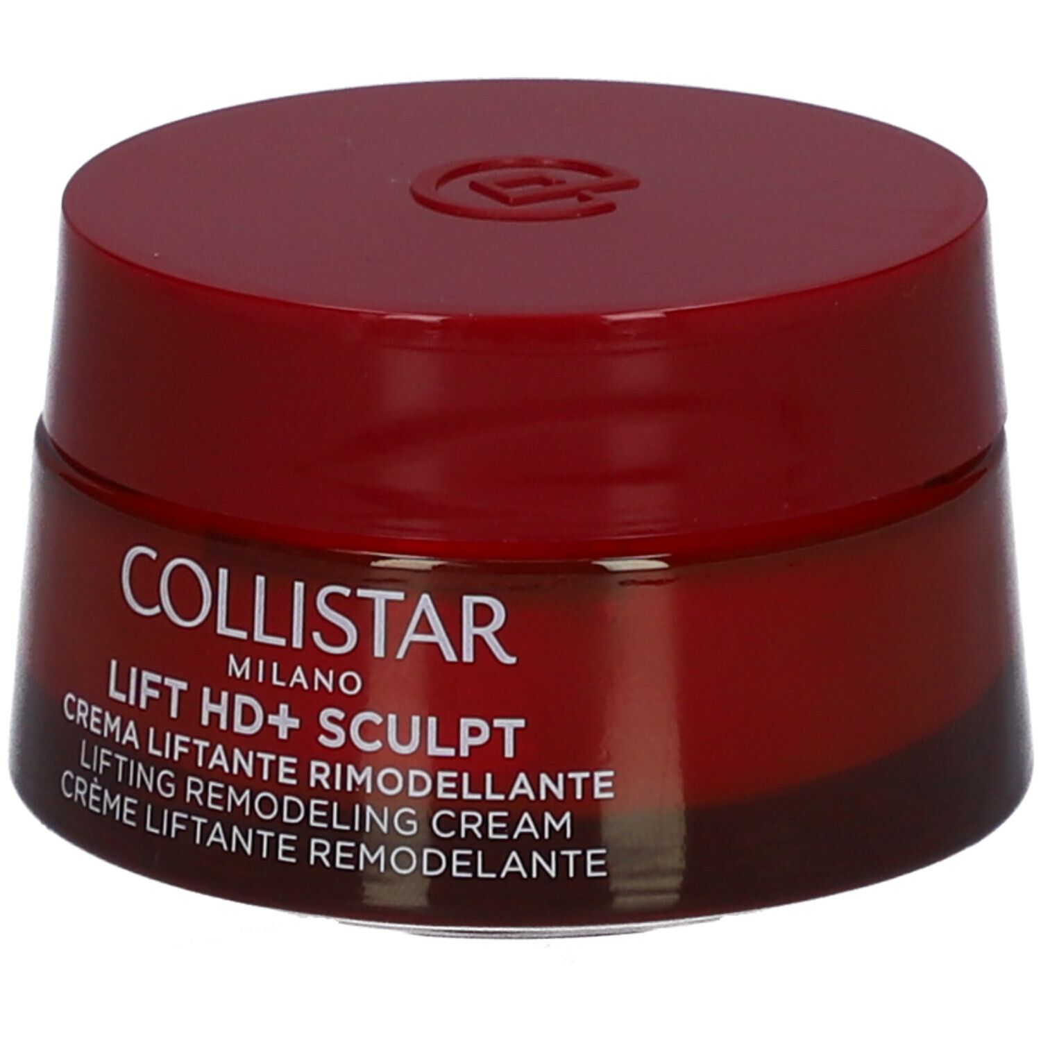 Roter Tiegel mit Deckel. Aufschrift: Collistar Milano, Lift HD+ Sculpt, Crème Liftant Remodelant.