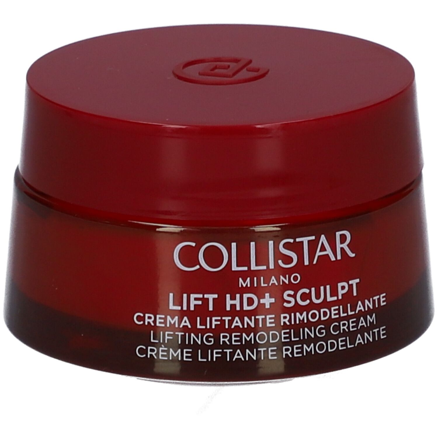 Roter Tiegel mit Deckel. Aufschrift: Collistar Milano, Lift HD+ Sculpt, Crème Liftant Remodelant.