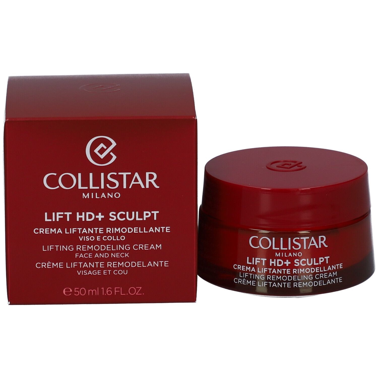 Roter Tiegel und Schachtel. Aufschrift: Collistar Milano, Lift HD+ Sculpt, Crème Liftant Remodelant. 50 ml.