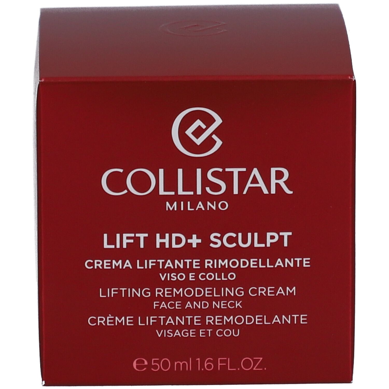 Rote Schachtel. Aufschrift: Collistar Milano, Lift HD+ Sculpt, Crème Liftant Remodelant. 50 ml.