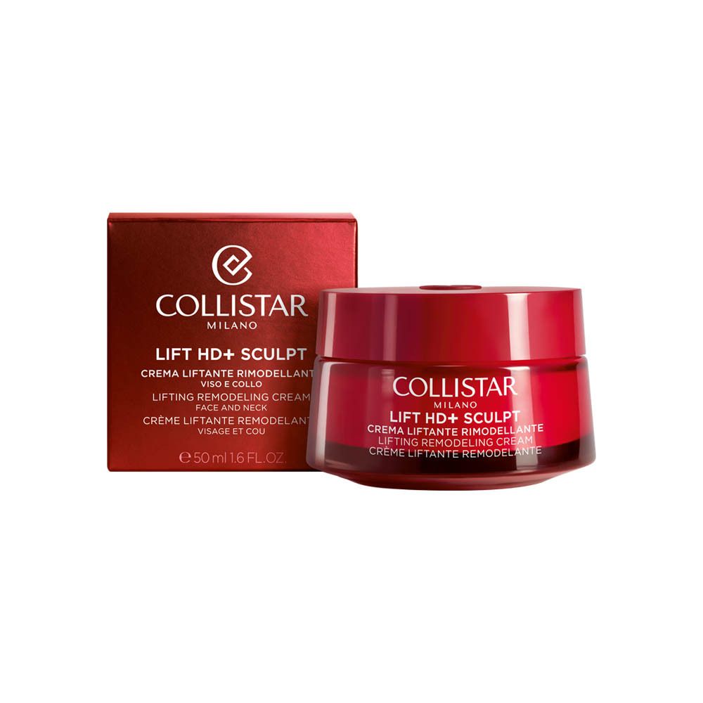 Pot et boîte rouges. Inscription : Collistar Milano, Lift HD+ Sculpt, Crème Liftant Remodelant. 50 ml.