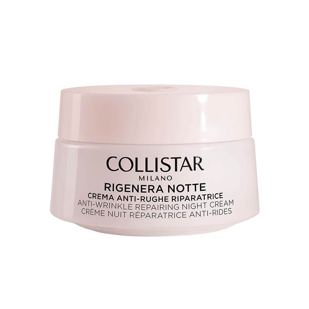 Pot de crème avec couvercle. Inscription : COLLISTAR MILANO, RIGENERA NOTTE, crème de nuit réparatrice anti-rides.
