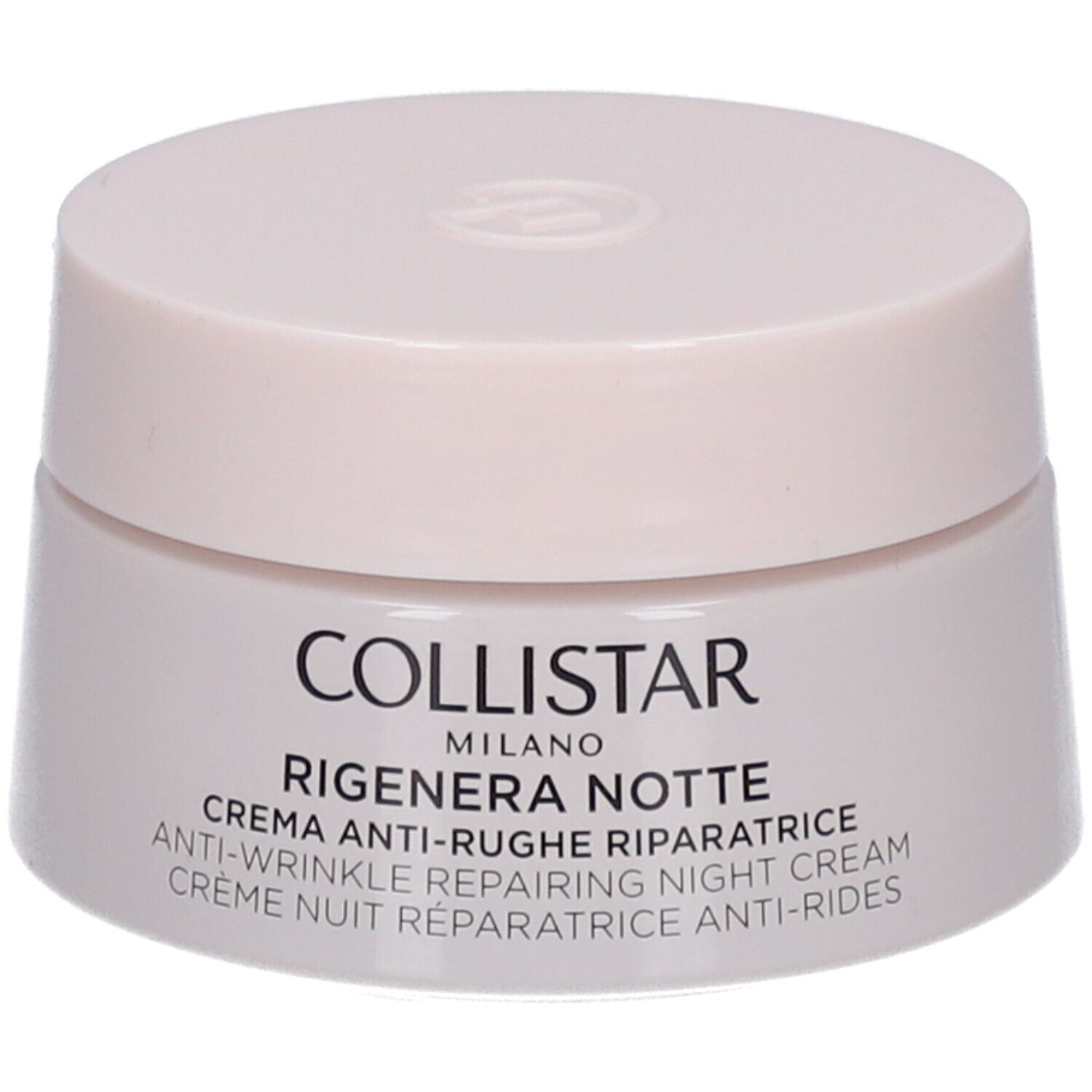 Creme-Tiegel mit Deckel. Aufschrift: COLLISTAR MILANO, RIGENERA NOTTE, Anti-Falten-Reparatur-Nachtcreme.