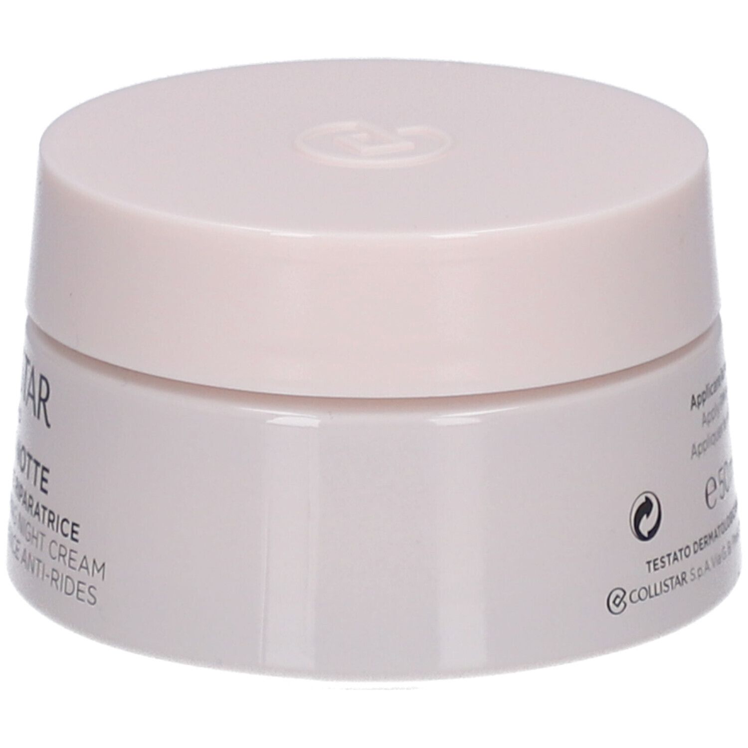 Creme-Tiegel, Seitenansicht. Aufschrift: COLLISTAR, RIGENERA NOTTE, Anti-Falten-Reparatur-Nachtcreme. 50 ml.