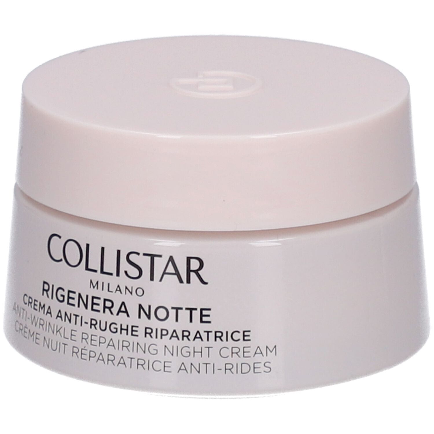 Creme-Tiegel mit Deckel. Aufschrift: COLLISTAR MILANO, RIGENERA NOTTE, Anti-Falten-Reparatur-Nachtcreme.