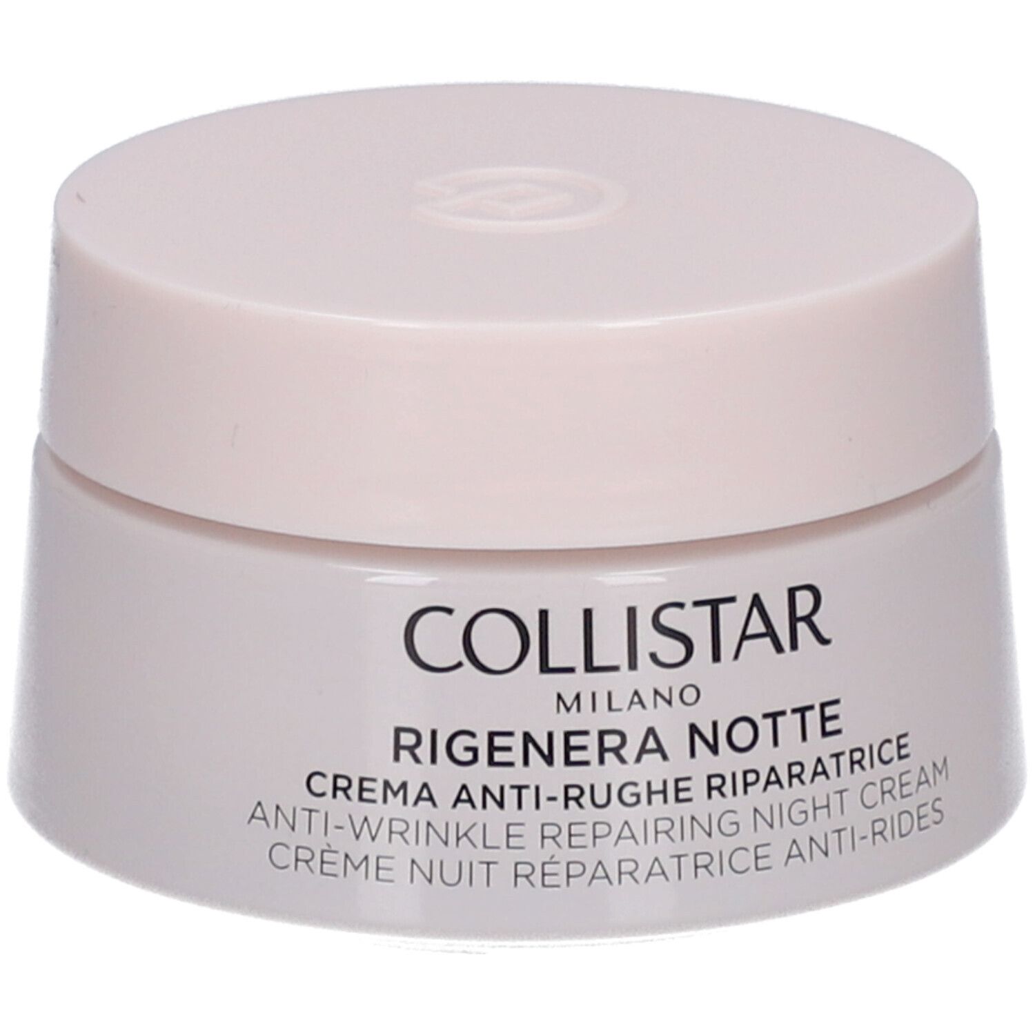 Creme-Tiegel mit Deckel. Aufschrift: COLLISTAR MILANO, RIGENERA NOTTE, Anti-Falten-Reparatur-Nachtcreme.
