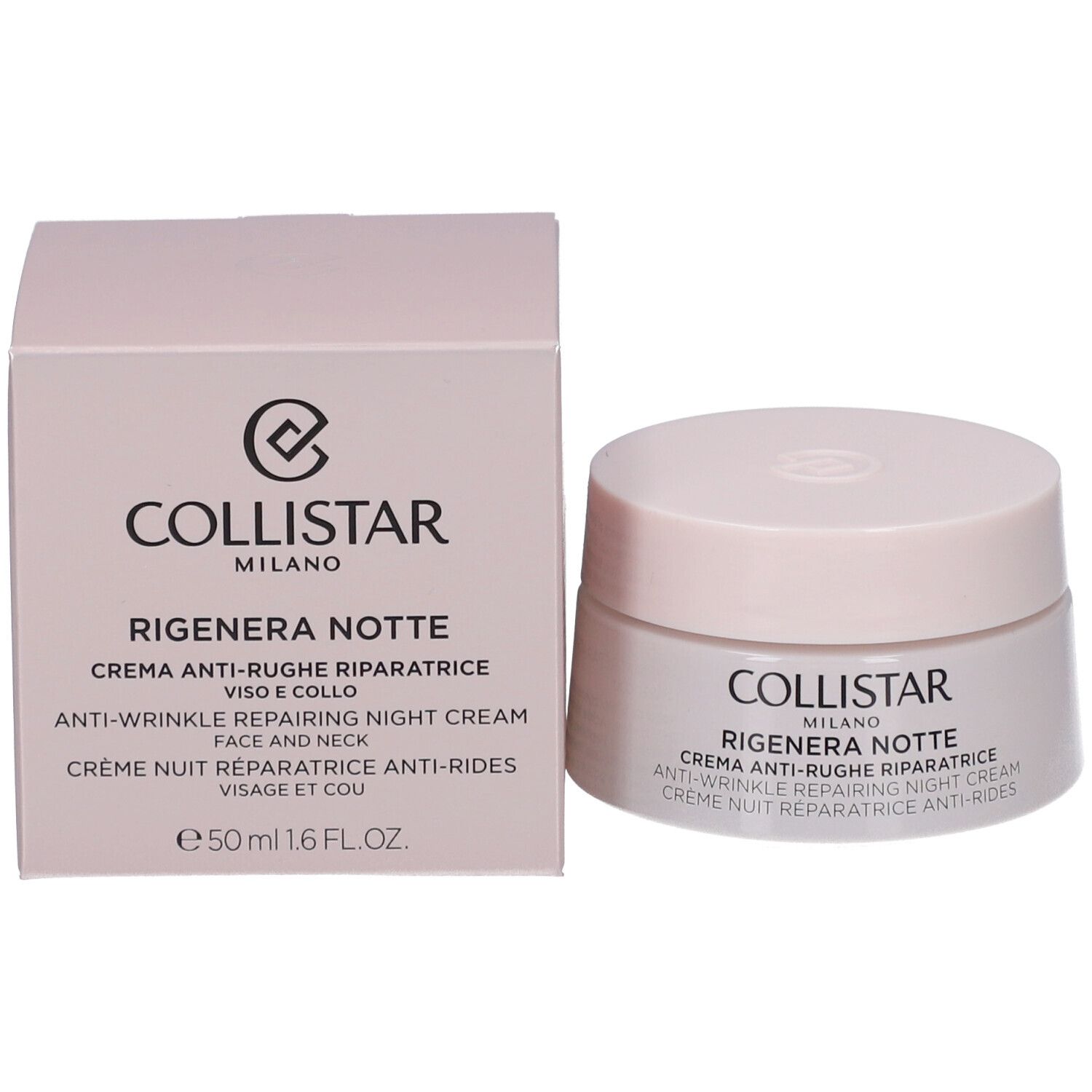 Creme-Tiegel und Schachtel. Aufschrift: COLLISTAR, RIGENERA NOTTE, Anti-Falten-Reparatur-Nachtcreme. 50 ml.